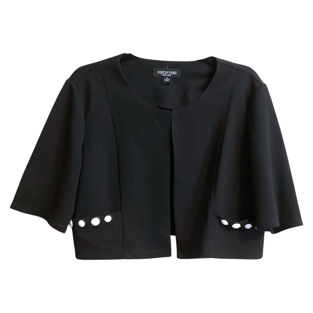Perceptions Short Jacket Womens Black Open Size 14 Pockets White‎ Buttons